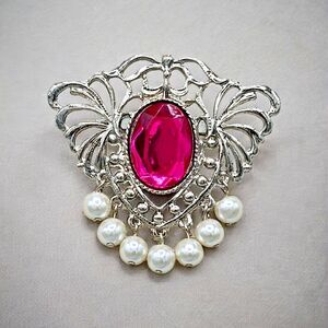 Vintage Art Deco Brooch Faceted Pink Lucite Dangle Faux White Pearl Estate Pin